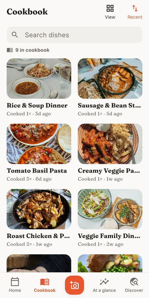 A personal cookbook filling up with home-cooked dishes
