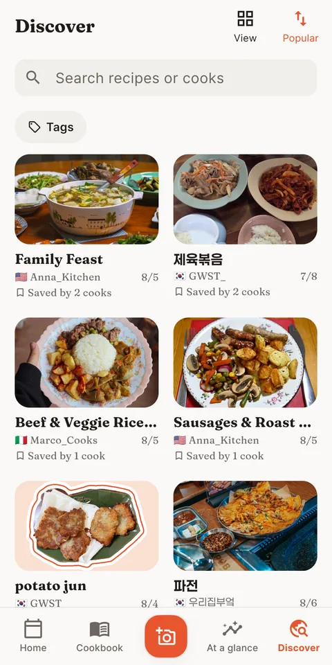 Discover feed with recipes shared from other kitchens