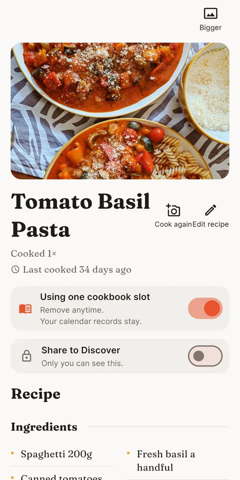 A recipe with the Cook again button