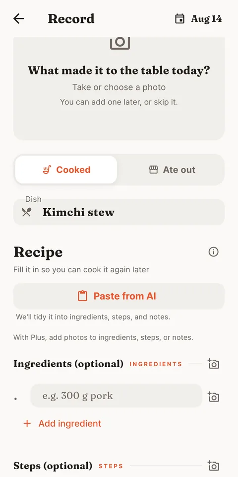 The record screen: a dish name and one photo